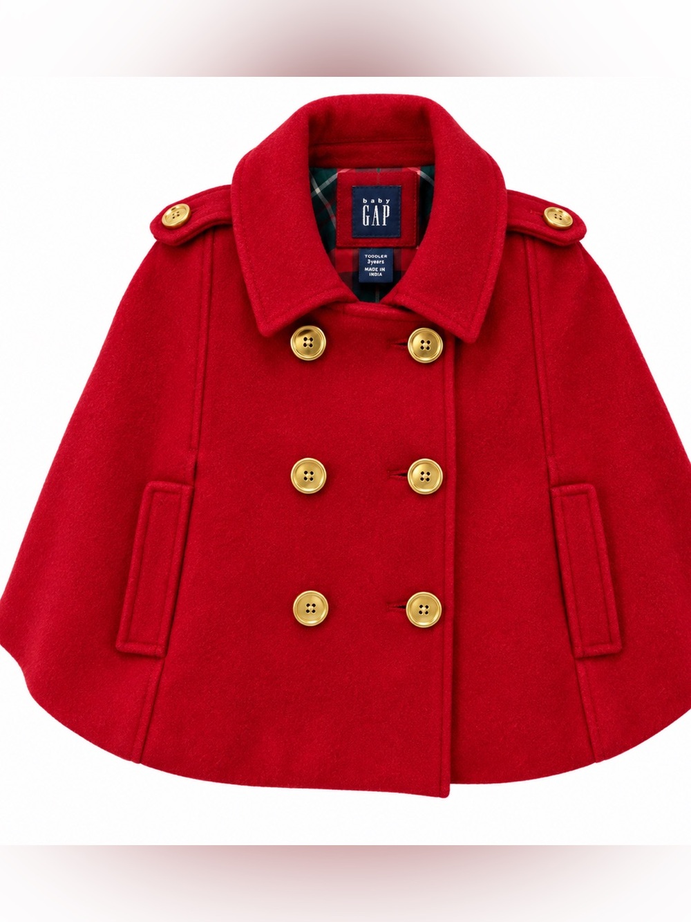 Baby Gap Toddler Red Wool Blend Cape Coat Plaid Lined 3 Years